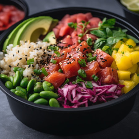 Hawaiian poke bowl with salmon, avocado, cucumber, red onion, sesame seeds and black sesameの写真素材