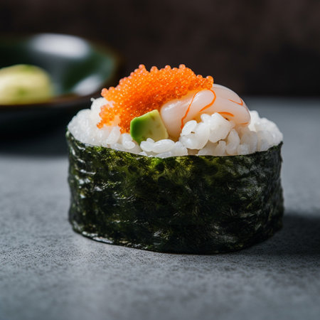 Sushi roll with salmon, avocado and caviar on black backgroundの写真素材