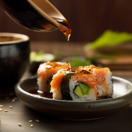 Pouring soy sauce on sushi roll with salmon, avocado and cucumberの写真素材