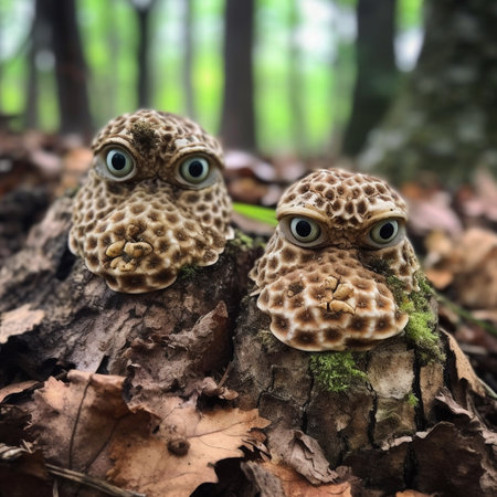 Two funny owls sitting on a tree trunk in the forest.の写真素材