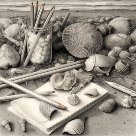 Vintage still life with seashells, pencils and other objectsの写真素材