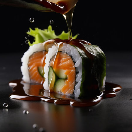 Sushi roll with salmon and cucumber on a black background.の写真素材