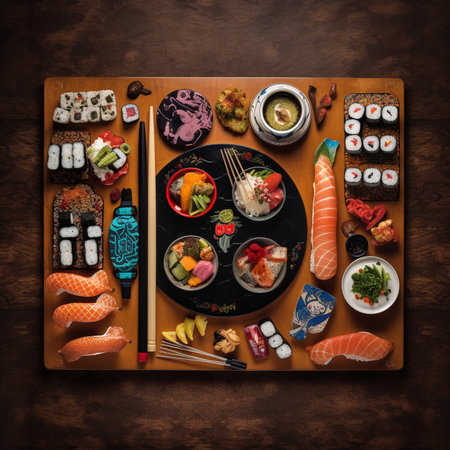 Sushi set on a wooden background. Top view, flat layの写真素材
