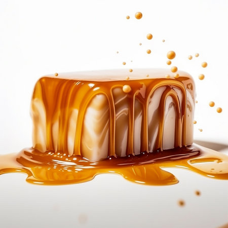 Caramel pouring on a caramel flan, isolated on white backgroundの写真素材