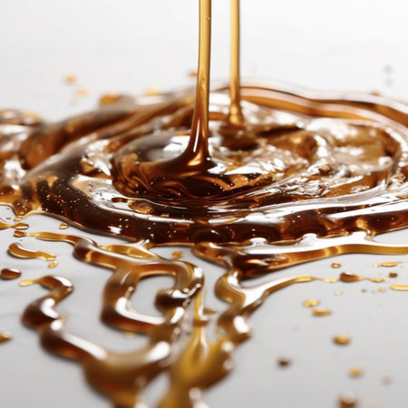 pouring caramel syrup on a white background. close-up.の素材