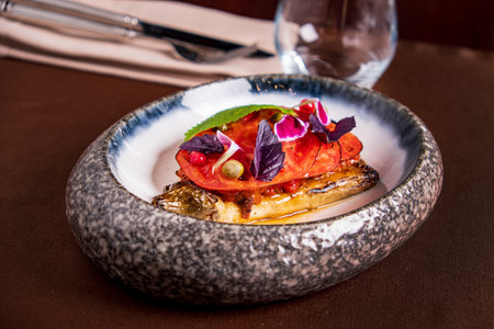 grilled vegetables with sauce closeupの写真素材