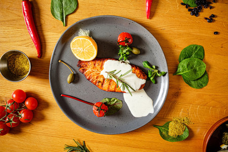 salmon steak with vegetales and sauceの写真素材