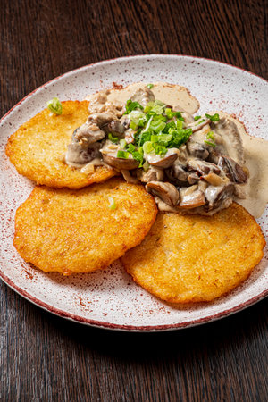 potato pancakes with sour cream and meatの写真素材