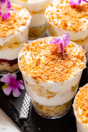 Catering buffet for events. Desserts in glass cups