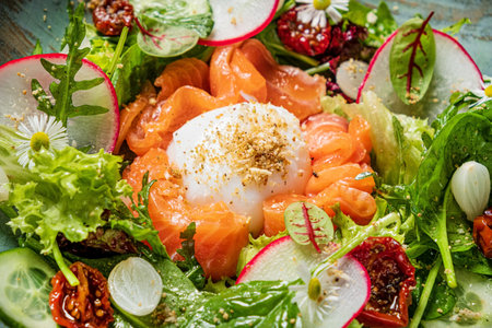 salted salmon with spinach and poached eggの写真素材