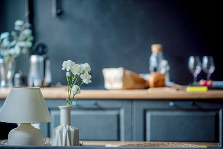 kitchen with lmap and vaseの写真素材