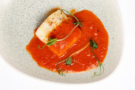 white fish with tomato sauceの写真素材
