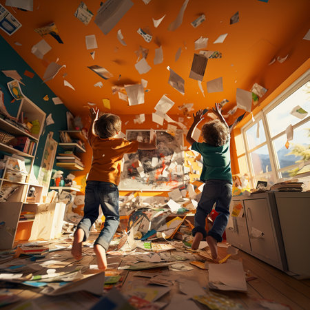 Children playing at home. Boys jumping in a room full of papers.の素材