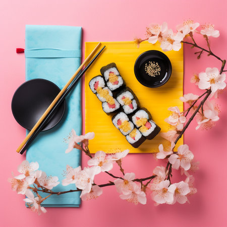 Sushi rolls with chopsticks, soy sauce and sakura flowers on bright pink backgroundの素材