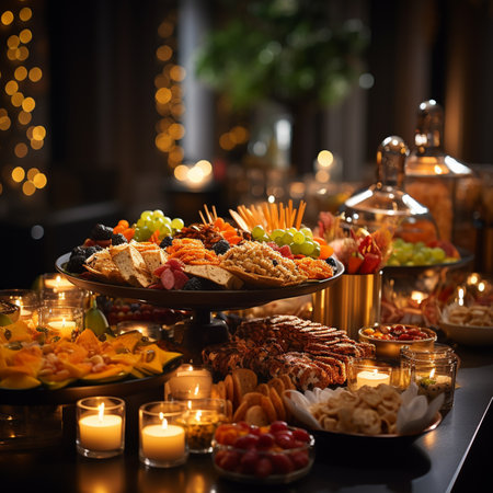 Assortment of appetizers on a buffet table with candles in the backgroundの素材