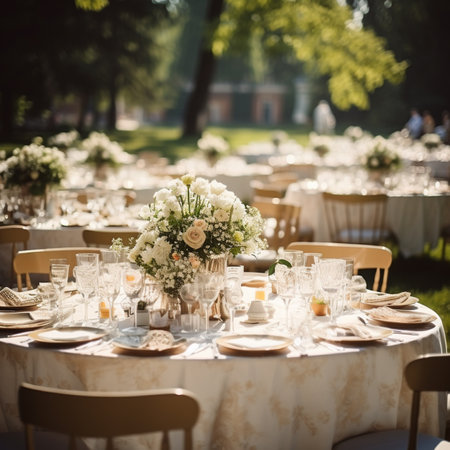 wedding table set with flowers and crockery, selective focusの素材