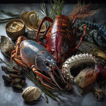 Lobster, fish and seashells on a dark backgroundの素材
