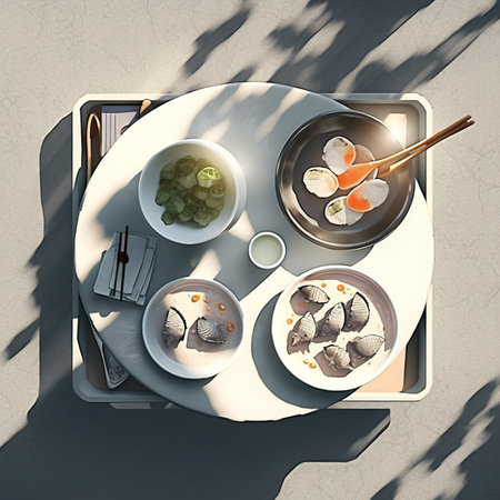 Top view of Chinese dinner set with dim sum, dumplings, soup, chopsticks on wooden table.の素材