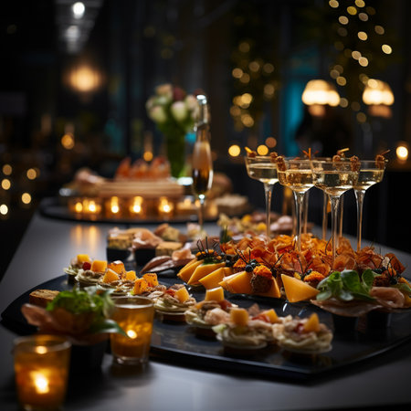 Selection of appetizers and glasses of wine on a table in a restaurantの素材