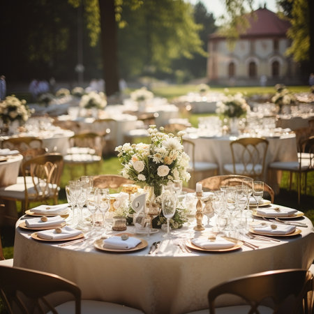 Wedding table set for a romantic dinner in the park.の素材
