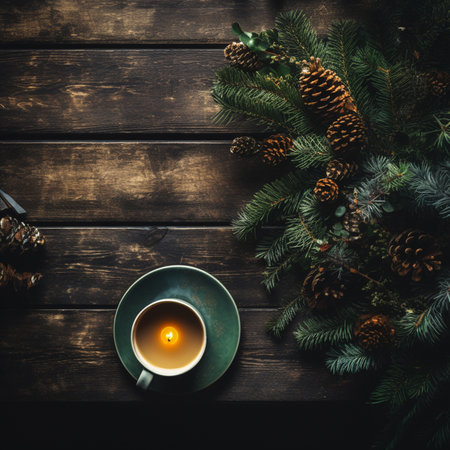 Christmas background with fir branches, cones and a burning candle on a dark wooden background. AI generationの素材