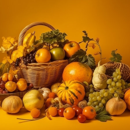 Autumn still life with fruits and vegetables on a yellow background.の素材