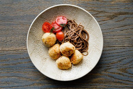 buckwheat noodles with chicken meatballs