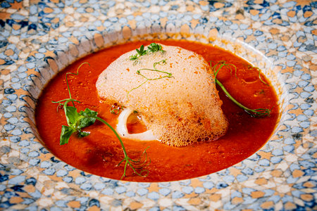 tomato cream soup on Christmas tableの写真素材