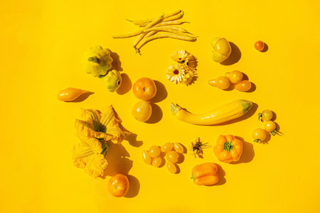 Yellow vegetables on the yellow backgroundの写真素材