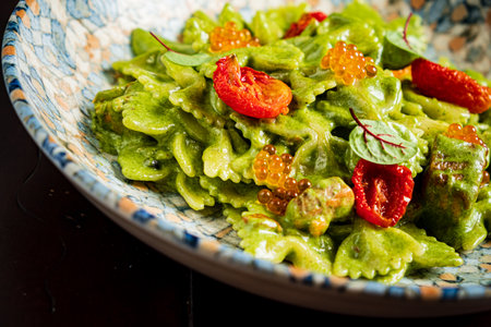 pasta with tomato and caviarの写真素材