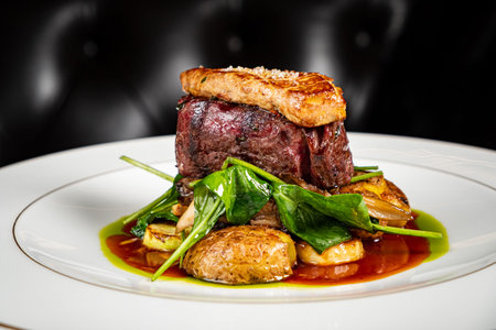 ribeye steak with potato and meat sauceの写真素材