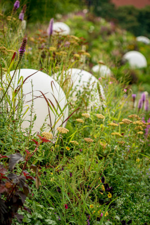 urban garden with stone ballsの写真素材