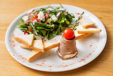 liver pate with toast and saladの写真素材