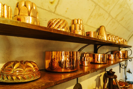Copper cookware  in the kitchenの写真素材