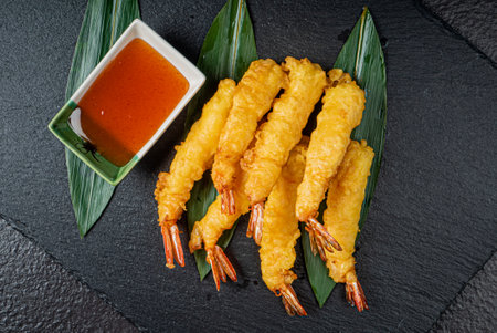fried shrimps on the black backgroundの写真素材