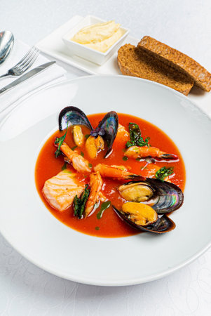 seafood soup in the restaurantの写真素材