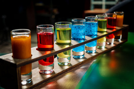 Variation of hard alcoholic shots served on bar counter.の写真素材