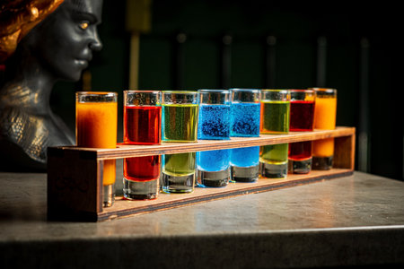 Variation of hard alcoholic shots served on bar counter.の写真素材