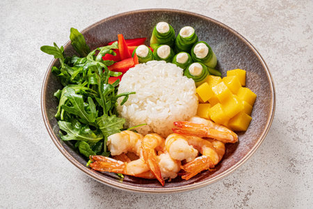 buddha bowl with rice and sauceの写真素材