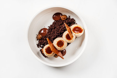 creative chocolate dessert on white plateの写真素材