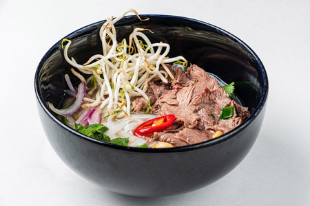Traditional japanese ramen noodles soup with meat