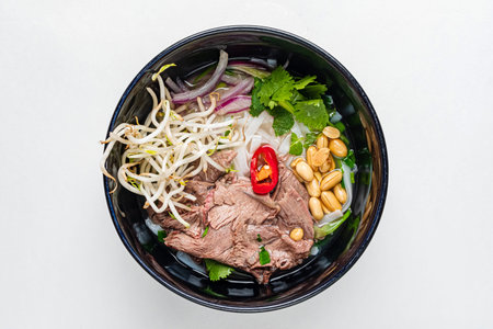 Traditional japanese ramen noodles soup with meat
