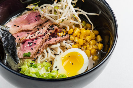 Traditional japanese ramen noodles soup with meatの写真素材