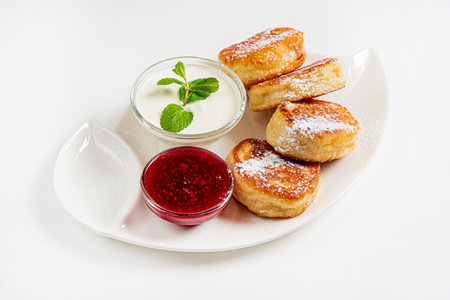 pancakes with sour cream and jamの写真素材