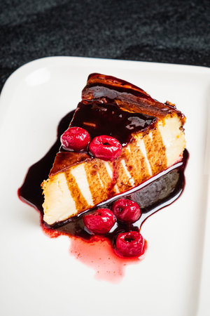 tasty cheesecake with raspberries and chocolate
