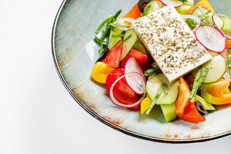 greek salad on the white plateの写真素材