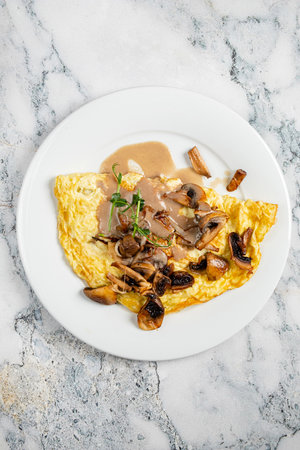 omelet with mushrooms and sauceの写真素材