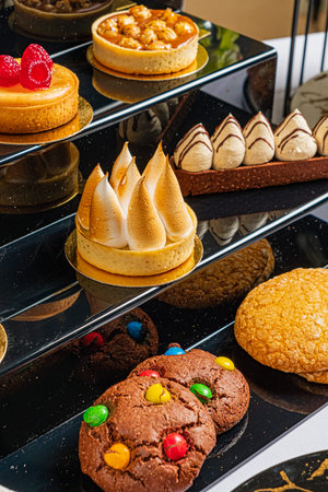 different types of cakes and cookies on a black plate, closeup