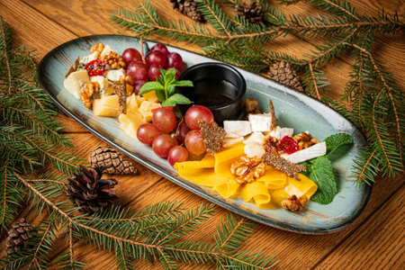 cheese plate on the Christmas tableの写真素材