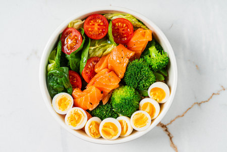 buddha bowl with broccoli and salmonの写真素材